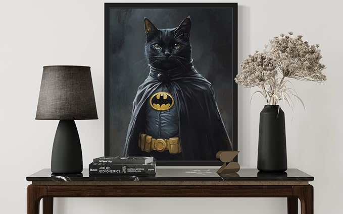 Superhero Cat Art Poster Print, Kitten Painting Humor Portrait Pet Artwork Decor Gallery A8 (Superhero Cat, 11 x 14 inches, Black Frame)