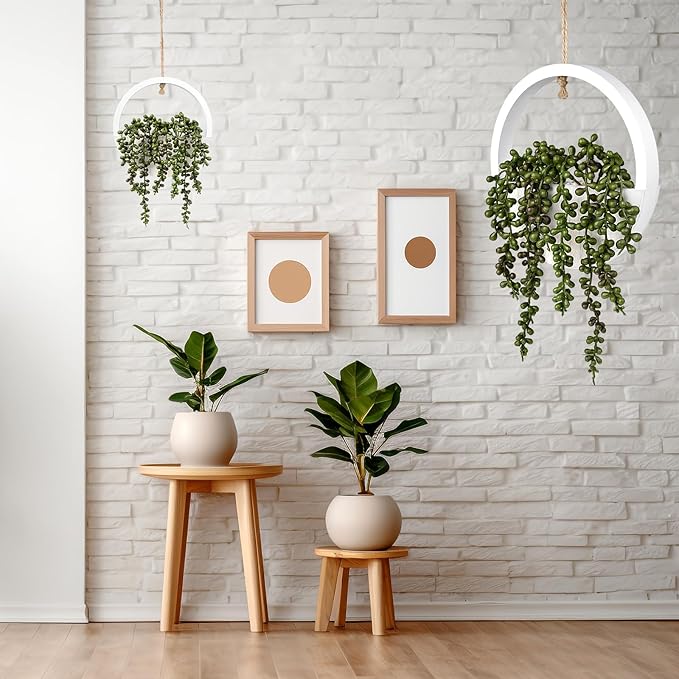 2PCS 12.2" Fake Hanging Plant, Succulent Wall Decor, Fake Plants Decor, String of Pearls in Pot with 8.3" Lanyard for House Indoor Outdoor Bedroom Wall Decor Aesthetic (White)