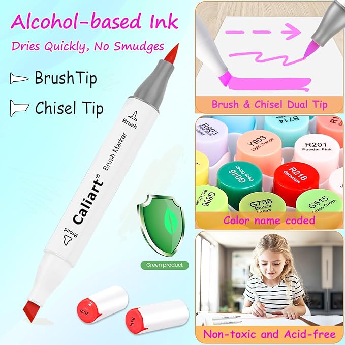 Caliart 101 Colors Alcohol Markers Brush Tip & Chisel, Dual Tip Art Markers Set for Adults Artists Sketch Illustration Coloring Book, Permanent Colored Drawing Pen Art Supplies Christmas Gifts