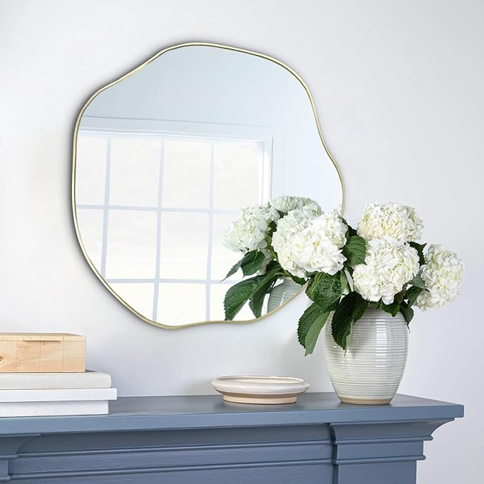 POZINO Gold Irregular Mirror, 20" Asymmetrical Wall Mirror, Scalloped Rounded Mirrors, Modern Frameless Abstract Mirrors for Living Room Bedroom Bathroom Entryway Hallway Fireplace
