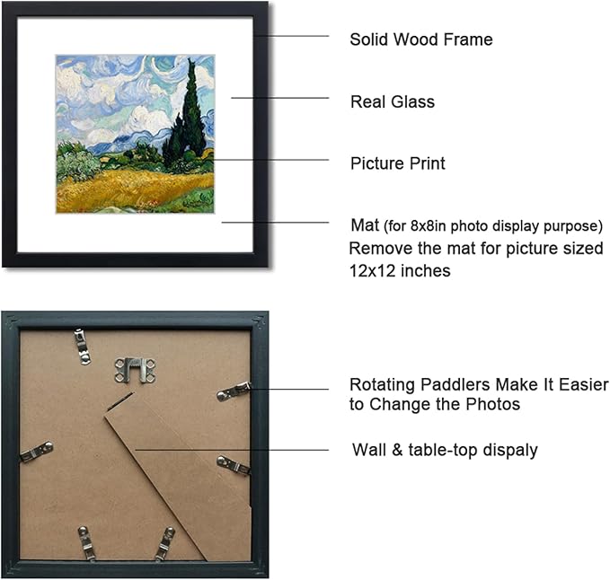 12x12 Picture Frame Set of 4 Made of Solid Wood Photo Frame with Real Glass for Pictures 8x8 with Mat or 12x12 Without Mat,Wall Mount or Tabletop Gallery Photo Frames in Black