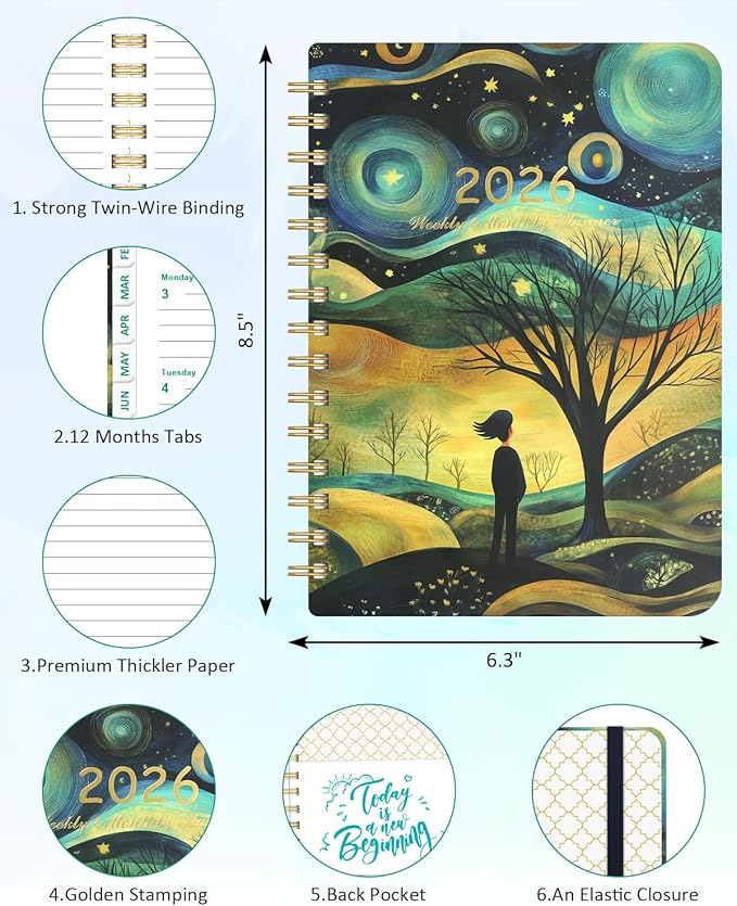 2026 Weekly and Monthly Planner - 2026 Hardcover Calendar Planner, Jan. 2026 - Dec. 2026, Daily Agenda Book with Tabs, Twin-Wire Binding, Back Pocket, School Teacher Student Supplies, A5(6.3" x 8.5") (Hope)