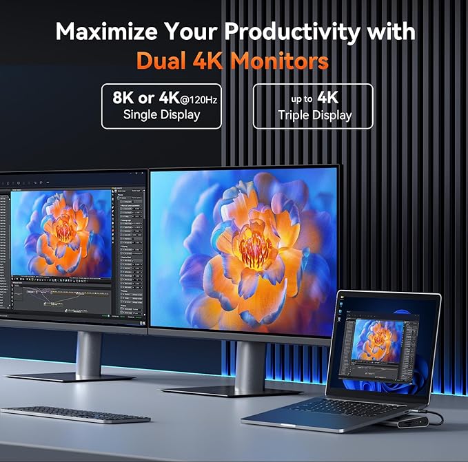 TobenONE 16-in-1 3 Monitors & Dual Monitor Dock Used for 4K@120Hz,2 HDMI+DP+6 USB Ports for Office & Home Use,Capable of 100W Charging & 2.5Gbps Ethernet, Used with Dell/HP/Lenovo