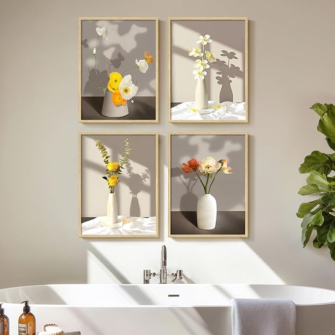 Framed Botanical Wall Art, 4 Piece Yellow Floral Canvas Painting Prints Artwork for Walls, Modern Elegant Flower Pictures for Bedroom Kitchen Hallway Living Room Bathroom Home Decor, 12x16 Inch