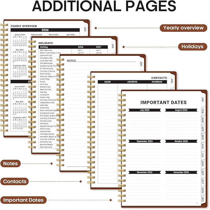 2026 Planner, Weekly and Monthly Calendar Planner for Women, Jan 2026 - Dec 2026, Hardcover Planning Agenda book with Tabs, Spiral Bound, Inner Pocket, Perfect for School Office Supplies, 6.3" x 8.5" - Rust Brown
