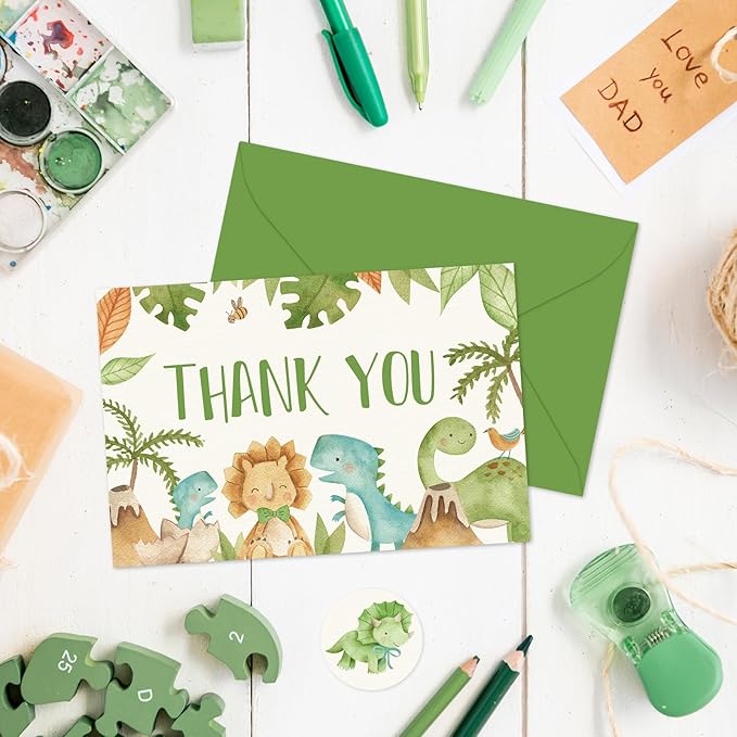 24 Pack Dinosaur Thank You Cards Bulk Cute Cartoon Greeting Cards with Envelopes Stickers Blank Note Cards for Birthday Baby Shower Party Supplies, 4 x 6 Inch