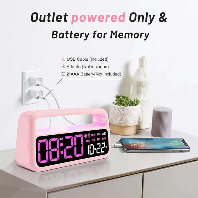 Digital Alarm Clock for Bedroom, Plug-in Digital Bedside Clock with Night Light, Large Display, Dual Alarm, Snooze, Dimmable for Adults Kids Teens, Pink