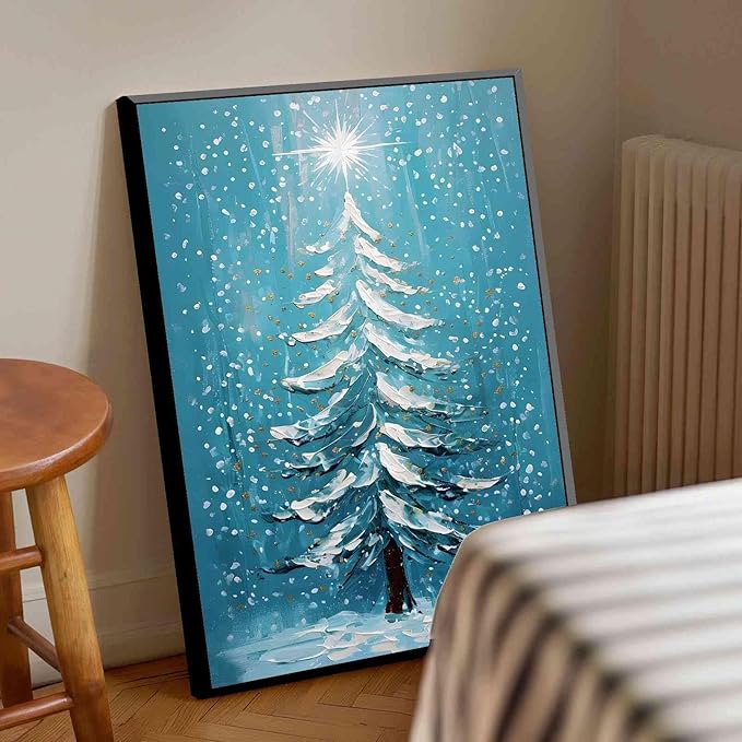 Framed Canvas Wall Art Blue Christmas Tree Print Merry Christmas Wall Decor Holiday Nature Gift Holiday Poster 20x30in Metal blackFramed