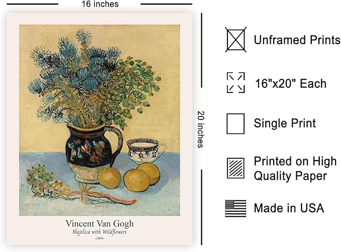 Monem Art Vintage Van Gogh Poster - Retro Majolica with Wildflowers Print - Impressionism Art - Flower Art - Fine Art - Classic Painting Art - Floral Living Room Decor - 16x20 UNFRAMED Wall Art