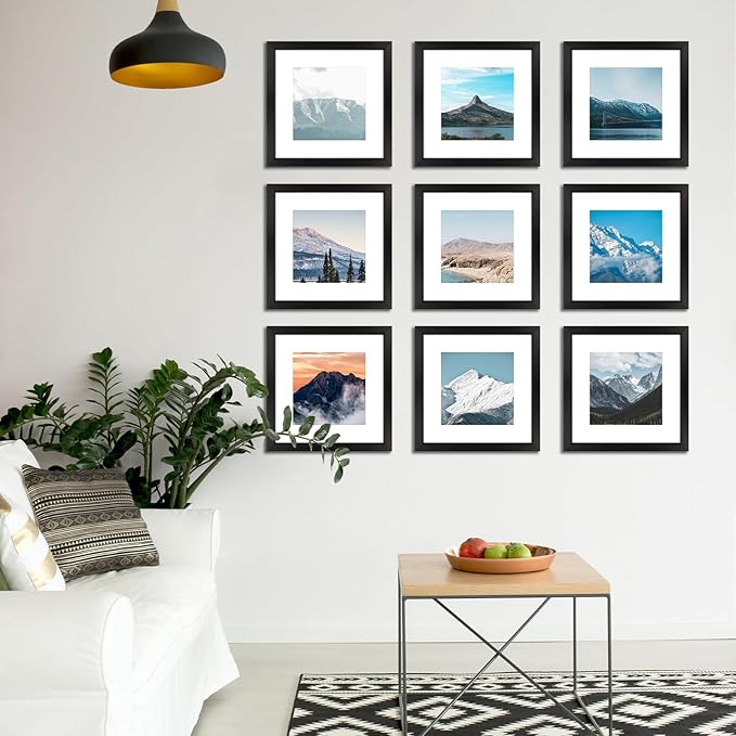 12x12 Picture Frame Set of 9, Photo Gallery Wall Frame Set, Display Pictures 8x8 with Mat or 12 x 12 Without Mat, Square Frame Picture Frames Collage Wall Decor, Black