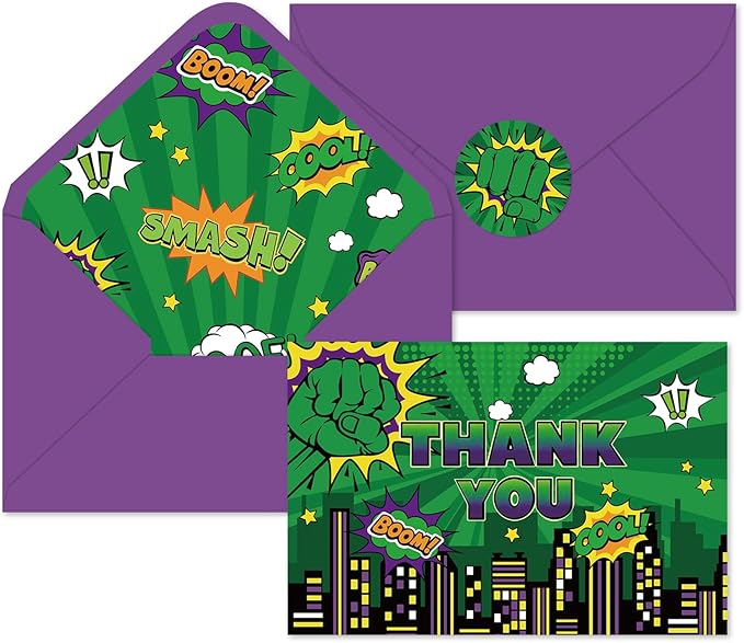 Whaline 24 Pack Green Super Hero Thank You Card Greeting Cards with Envelopes Stickers Cityscape Saying Bubble Blank Note Cards for Birthday Baby Shower Party Supplies