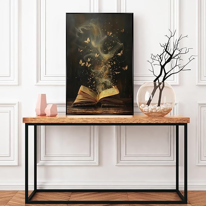 Whimsical Enchanted Open Book Wall Art Vintage Golden Butterflies Aesthetic Poster Print Funny Mystical Smoke Canvas Picture Decor for Office Bedroom Living Room Apartment 16x24inch Metal Black Framed