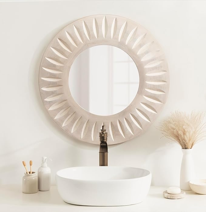 Kate and Laurel Usra Round Carved Wood Mirror, 26 Inch Diameter, Whitewash, Light Wooden Circle Mirror with Carved Indentation and Sunburst Wall Mirror Look
