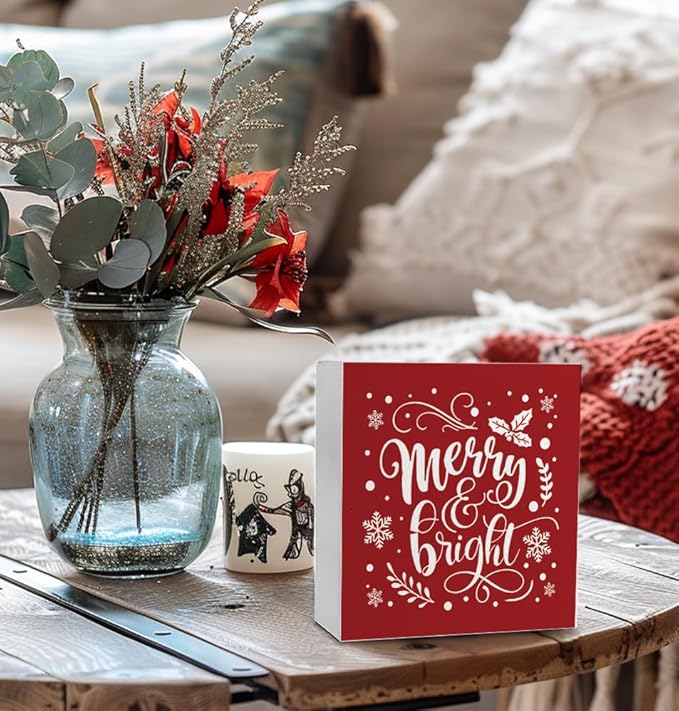 Merry and Bright Christmas Decor Wooden Box Sign, Christmas Desk Decor, Farmhouse Red Christmas Snowflake Xmas Wood Signs for Home Office Table Shelf Decoration, 5x5 Inch