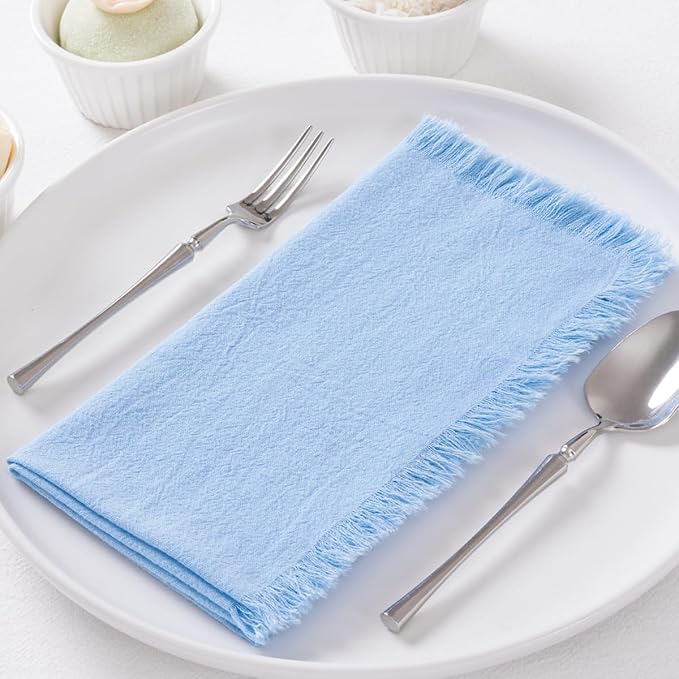 6 Pack Baby Blue Cotton Linen Napkins with Fringe Spring Cloth Napkins Set of 6 Boho Handmade Dinner Napkins Bulk for Wedding Bridal Baby Shower Valentine's Day, 17 x 17 Inches