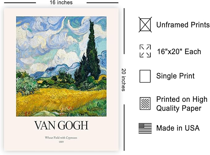 Monem Art Vintage Van Gogh Poster - Wheat Field With Cypresses Print - Impressionism Art - Celestial Art - Gift for Men & Women - Decor for Bedroom, Living Room or Dorm - 16x20 UNFRAMED Wall Art