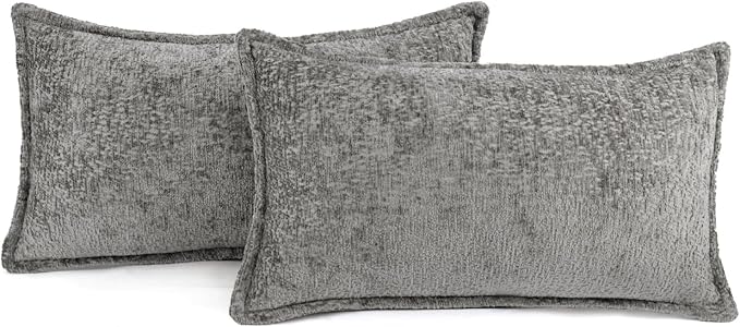 Pack of 2 Grey Decorative Throw Pillow Covers 12x20 Cozy Soft Chenille Accent Vintage Rectangular Lumbar Couch Pillow Covers for Home Decor Bed Sofa Living Room