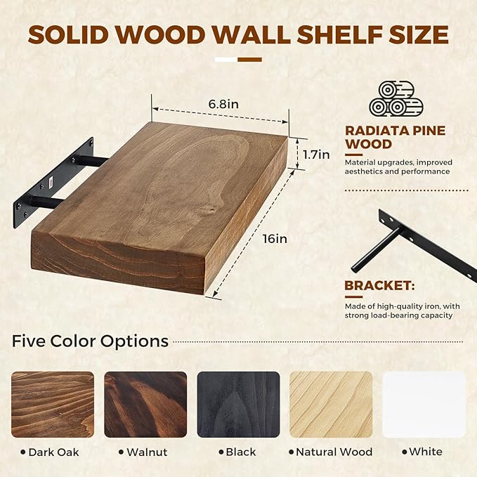 Floating Wall Shelf 16x6.8x1.7 Inch – Solid Wood Shelf in Dark Oak Finish – Wall Mounted Rustic Display Organizer for Bathroom, Kitchen, Bedroom, Small Spaces – Set of 3