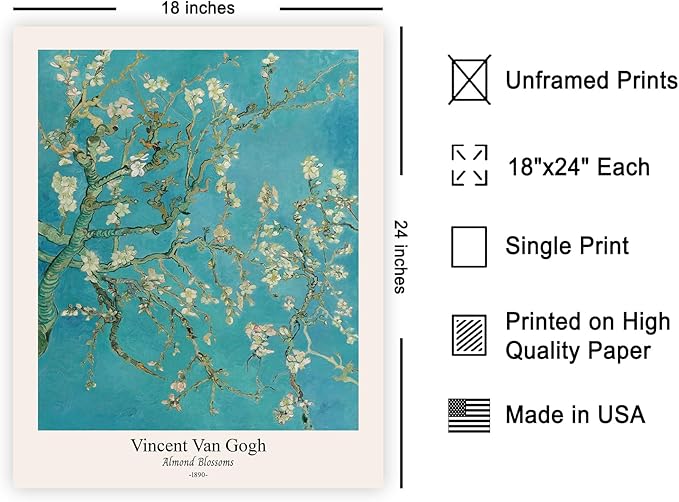 Monem Art Vintage Van Gogh Poster - Retro Almond Blossoms Print - Impressionism Art - Fine Art - Classic Painting Art - Flower Art - Floral Bedroom or Office Wall Decor - 18x24 UNFRAMED Wall Art