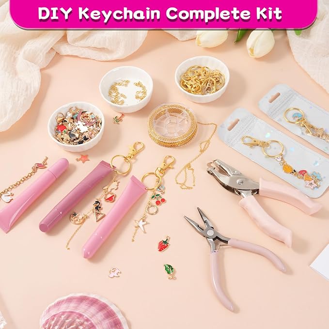 Sileasncei 358Pcs Charms Lip Gloss Keychain Making Kit, DIY Bag Charm Kit with Enamel Charms, Chains, Jewelry Pliers, Hole Punch & Gift Bags, Keychain Making Supplies for Custom Keychains Gifts