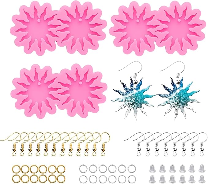 shining queen 103Pcs Sun Flower Shape Resin Earring Mold Silicone Resin Jewelry Molds 3 Pair Epoxy Resin Casting Molds for Women Earring Crafts Including 100 Earring Accessories DIY Necklace Pendant