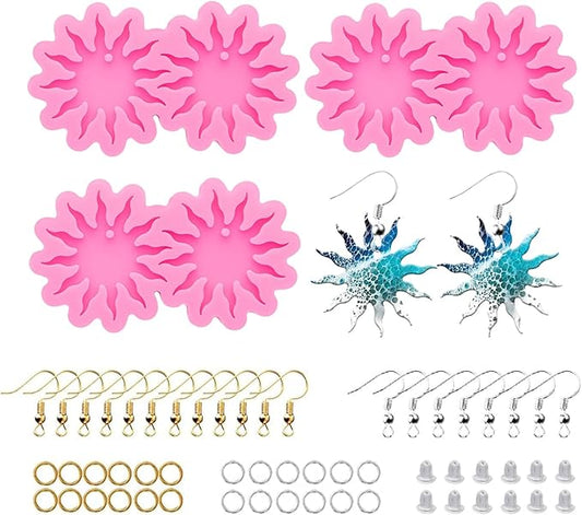shining queen 103Pcs Sun Flower Shape Resin Earring Mold Silicone Resin Jewelry Molds 3 Pair Epoxy Resin Casting Molds for Women Earring Crafts Including 100 Earring Accessories DIY Necklace Pendant