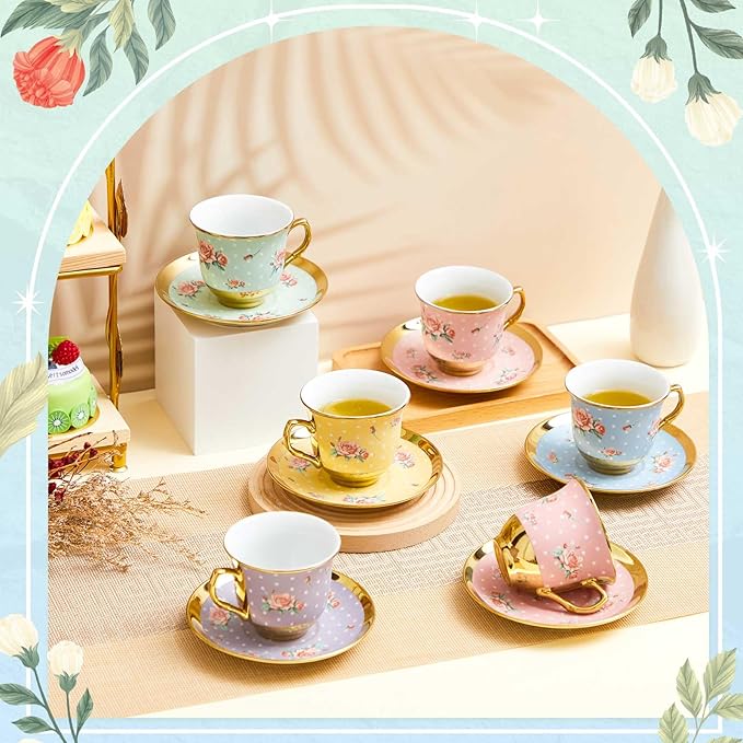 Set of 12 Tea Cups and Saucers Tea Party Decorations Floral Porcelain 5.4 oz British Gift for Women Birthday Party, Church, and Mother's Day (Vintage Style)