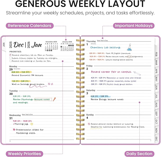 2026 Planner, Monthly and Weekly Calendar Planner for Women, Jan 2026 - Dec 2026, Hardcover Pretty 2026 Agenda Planner Book with Tabs, Spiral Bound, Perfect for School Office Home Supplies, 6.3" x 8.5" - Boho Purple