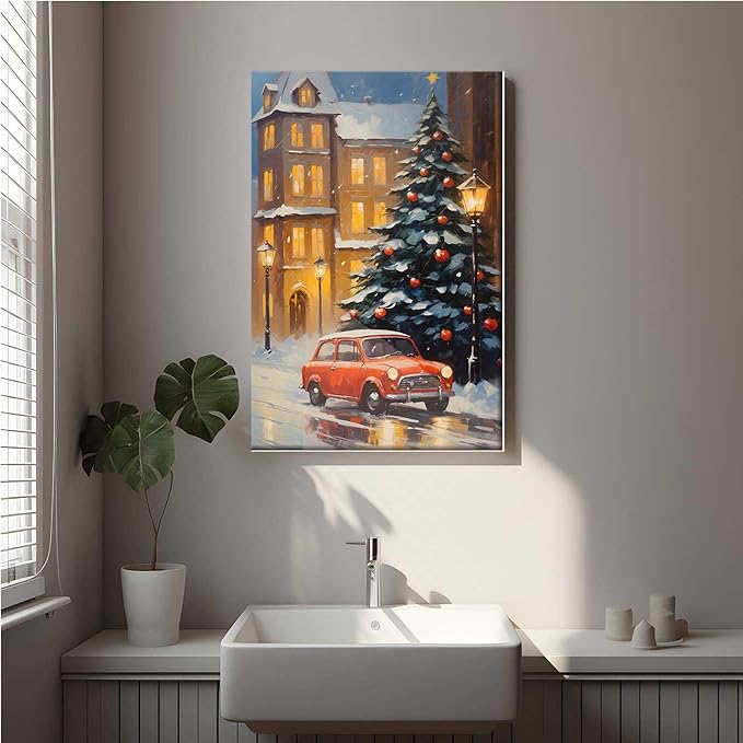 Canvas Wall Art Snowy Christmas tree and red car art print Christmas in the city classic timeless red car snow cosy winters day 32x48in-UnFramed