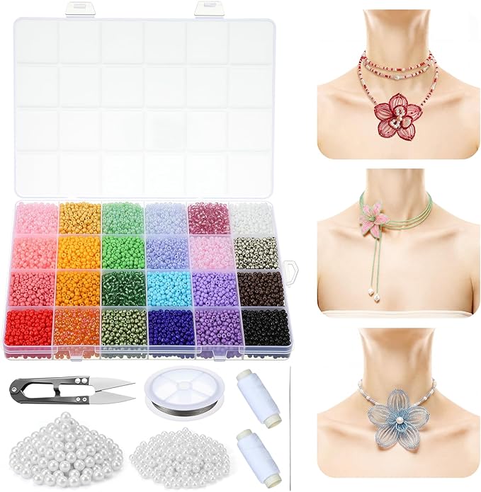 Luinabio 12080 Pcs 3mm Glass Seed Beads for Jewelry Bracelet Making Kit DIY Beaded Big Bloom 24 Colors 3mm Glass Bead and 4mm 8mm White Pearl Beads Set with Beading Needles Elastic Strings Scissors