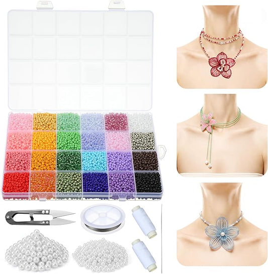 Luinabio 12080 Pcs 3mm Glass Seed Beads for Jewelry Bracelet Making Kit DIY Beaded Big Bloom 24 Colors 3mm Glass Bead and 4mm 8mm White Pearl Beads Set with Beading Needles Elastic Strings Scissors