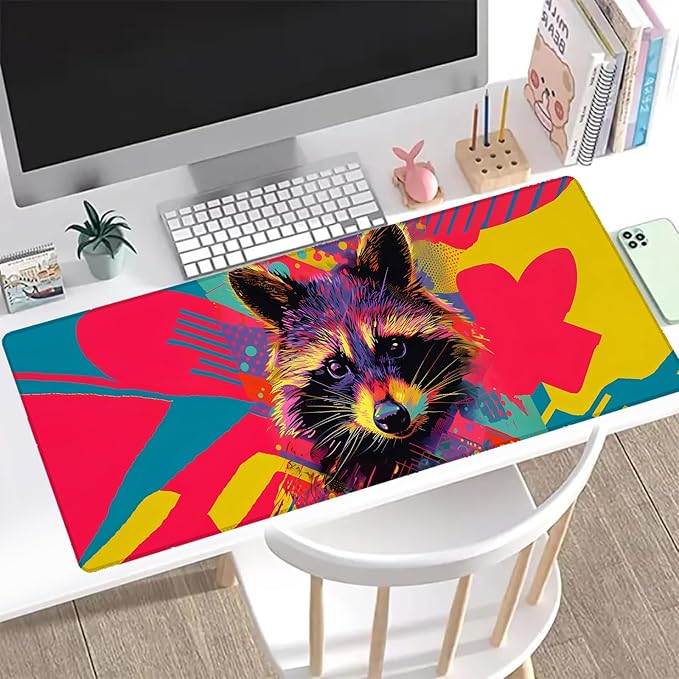Neon Raccoon Gaming Mouse Pad, Office Desk Mat, Anti-Slip Rubber Base Cool Aesthetic Mouse Pads for Computer Laptop Keyboard School Home Desktop Gamer Home Accessories Decor 31.5" x 11.8"