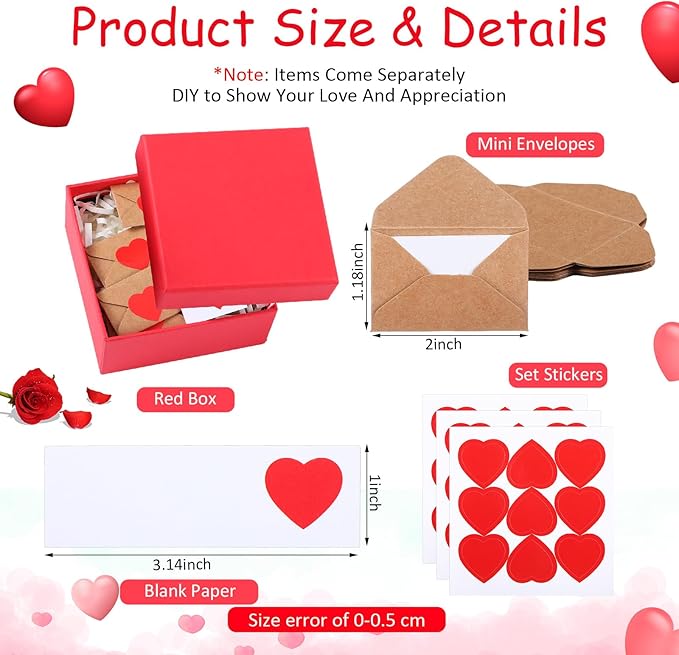 60 Set Mini Love Notes for Him Her with Envelope Valentines Day Gift Card Holder Mini Card with Envelope Long-Distance Relationship Gift for Him Her(1.8 x 1.2 Inch,Love Heart,Red)