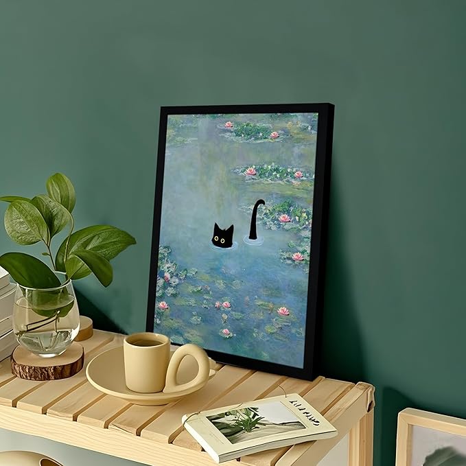 Fantasy Artists Monet Water Lilies Cat Wall Art, Framed Vintage Canvas Art Wall Decor, Funny Black Cat Posters Prints for Bathroom Bedroom Living Room Home Office Decorations 8" Wide X 10" Height