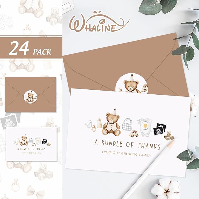 Whaline 24 Pack Bear Baby Shower Thank You Cards A Bundle of Thanks From Our Growing Family Note Cards with Envelope Sticker Greeting Blank Card for Birthday