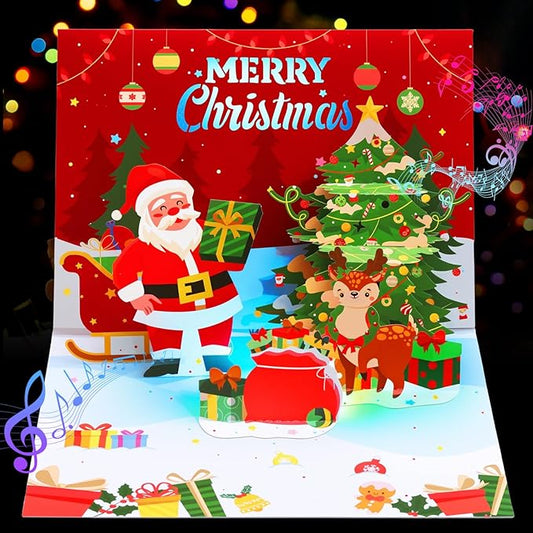 Christmas Cards, Light and Music Merry Christmas Card, 3D Pop Up Greeting Card with Christmas Tree and Santa for Women Men Kids Husband Wife Mom Dad Daughter