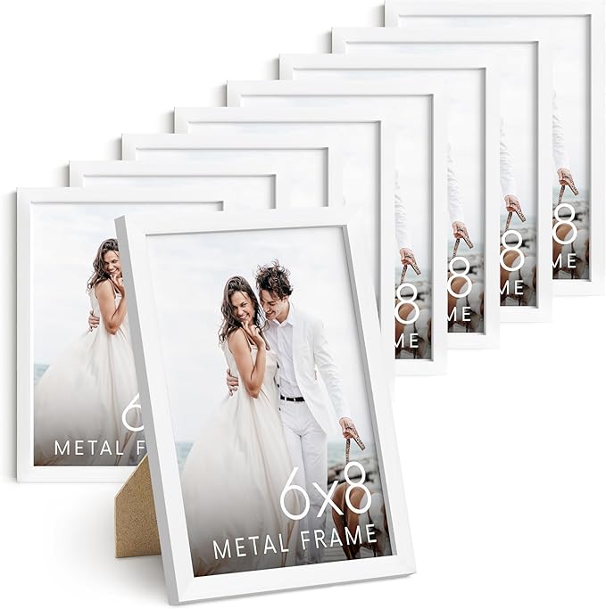 HAUS AND HUES 6x8 White Aluminum Frame Set of 9 - Vertical Hanging, Easel Back for Tabletop (6x8 in, White)