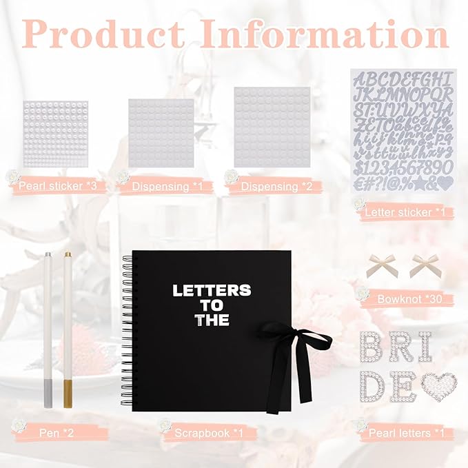 BINBE 10 x 10 Inch Letters to The Bride Scrapbook Kit DIY Blank Paper Scrapbook Photo Album Wedding Memory Book Bridal Guest Book Sign with Pearl Stickers, Letter Patches, Bows Black