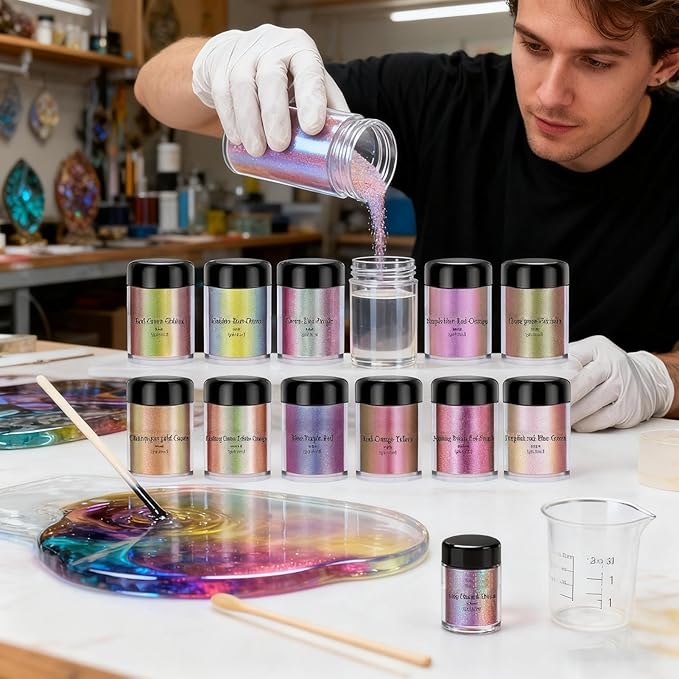 Glitter Resin Powder Color Pigment Set - 12 Bottles Pearlescent & Color-Changing Mica Powder | Cosmetic-Grade Pigment for Epoxy Resin, Candle Making, Nail Polish, Clay, Ceramics, Lip Gloss