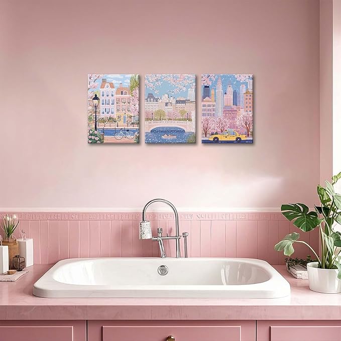 XLARTMY Watercolor City Landscape Travel Wall Art Canvas Framed Pink Cherry Flower Poster Girly Prints Painting Pictures Set of 3 for Bedroom Living Room Office 12x16in