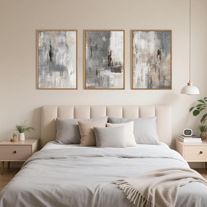 Large Abstract Grey and Beige Framed Canvas Wall Art,Neutral Brush Stroke Wall Decor,Natural Modern Color Block Artwork,Minimalist Nordic Art Print for Living Room,Bedroom,Office- 24"x36"x3
