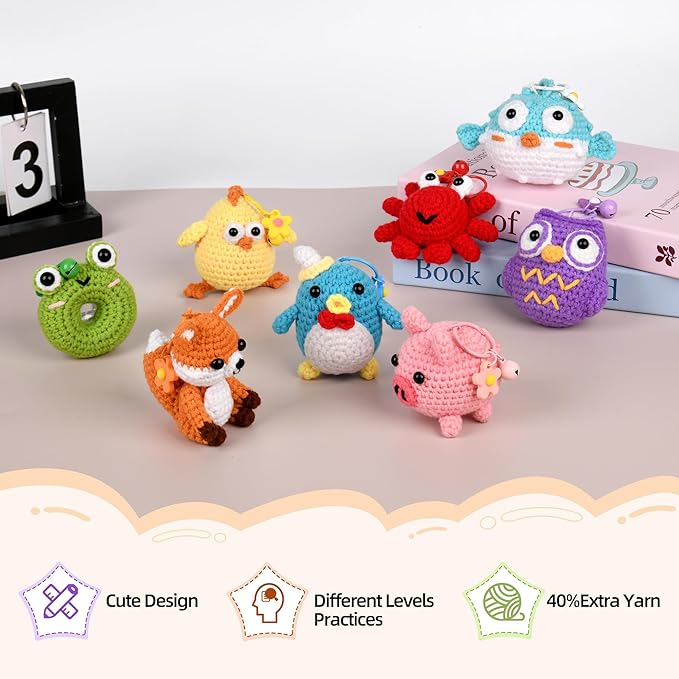 Yayvokuv 8Pcs Crochet Kit for Beginners, 2026 Gift for Crochet Lovers, DIY Craft for Adults and Kids, Crocheting Animal Kits with Step by Step Videos, Yarn, Crochet Hook, Birthday Holiday Gift (Pink)