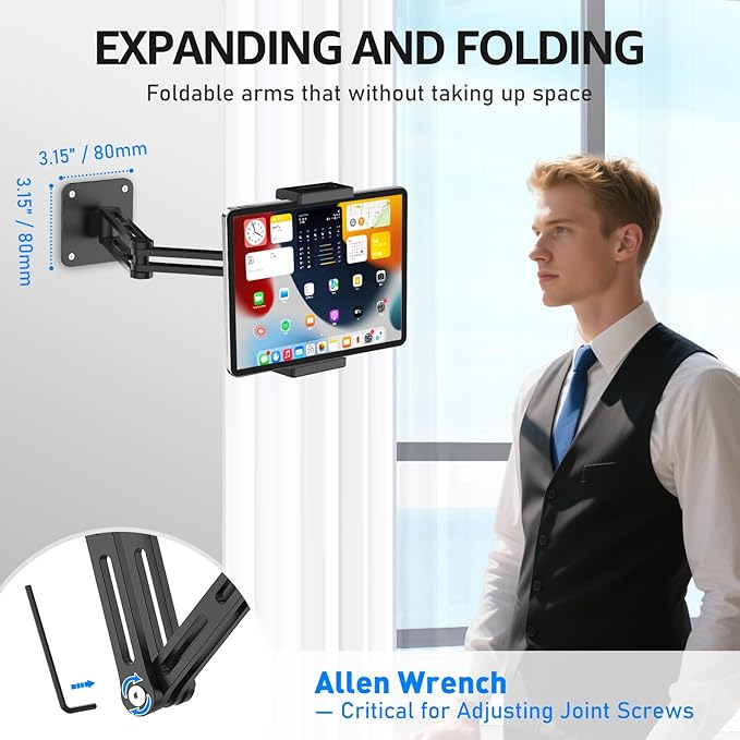 Urmust Tablet Wall Mount Holder for iPad, 360°Rotation Adjustable Tablet Stand Holder with Aluminum Extendable Arm, for iPad mini/Air/Pro/Galaxy Tab/Kindle, All 4.7-13" Phones & Tablets