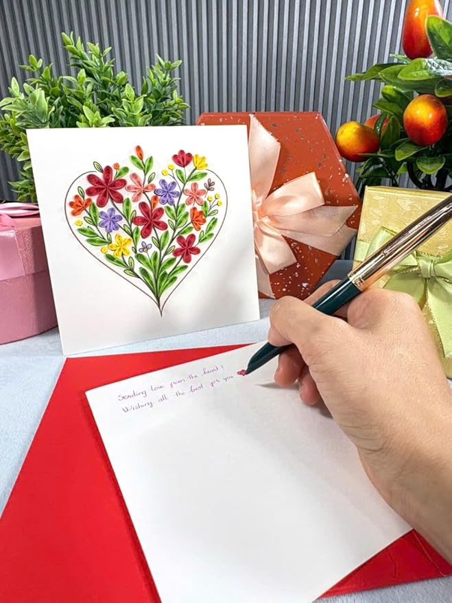 Handmade Quilling Greeting Card Floral Heart Design – Romantic Paper Art for Her, Birthday, Anniversary, Valentine’s Day, Thinking of You, Special Occasion Gift Keepsake