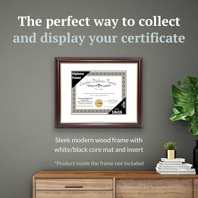Creative Picture Frames 14x16 Mahogany Gold Rim Diploma Frame with White Mat Glass and Installed Wall Hangers | Frame Holds 16x20 Media without Mat