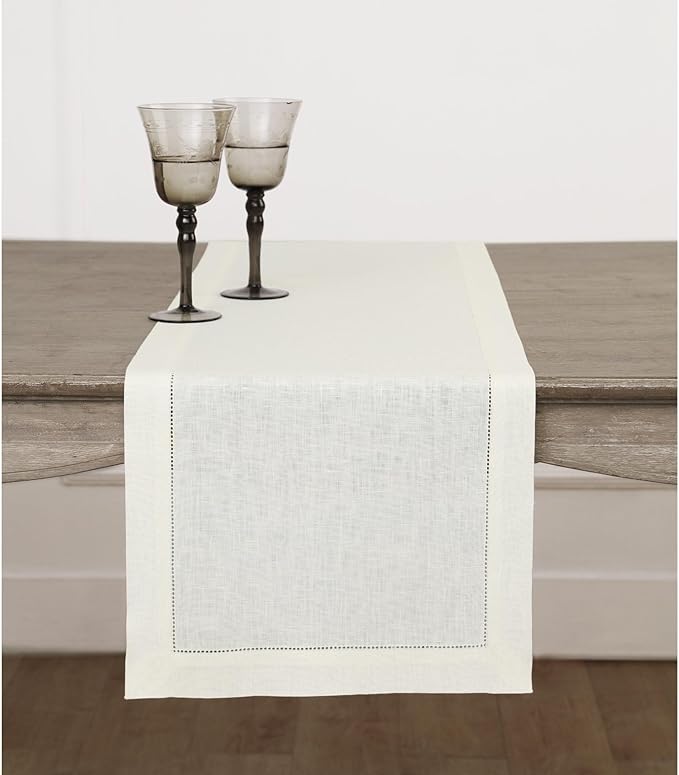 Solino Home Linen Ivory Table Runner 108 Inches Long - 100% Pure Linen Hemstitch 16 x 108 Inch Table Runner for Dining, Spring, Easter - Classic Hemstitch