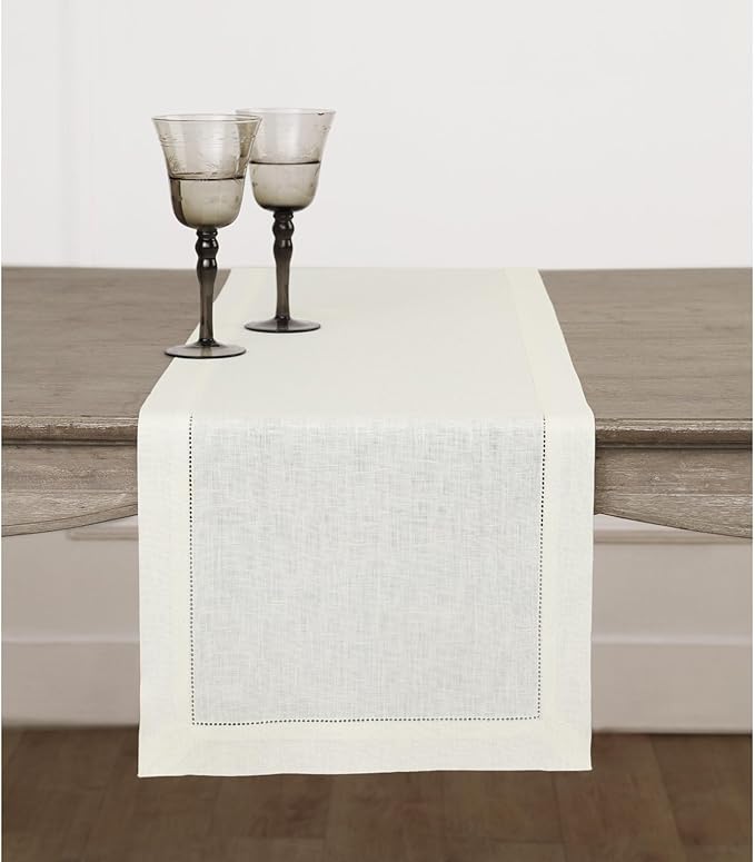 Solino Home Linen Ivory Table Runner 36 Inches - Classic Hemstitch, 100% Pure Linen Coffee Table Runner 14 x 36 Inch Ideal for Dresser Tables - Spring, Easter