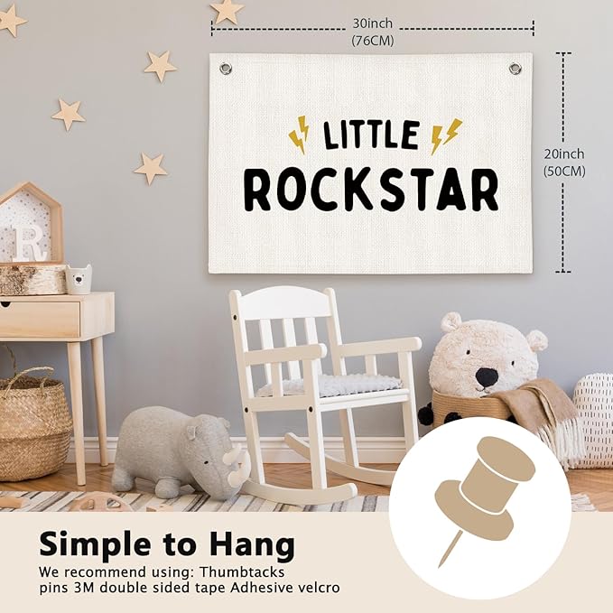 Little Rockstar Boys Room Decor - Linen Banner Wall Hanging Canvas Banner Flag Decor for Kids Toddler Bedroom Nursery Playroom