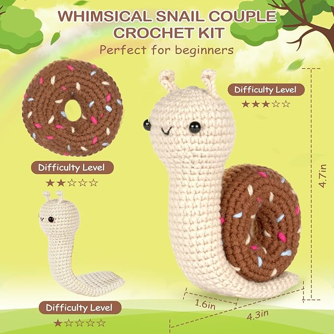 Crochetta Crochet Kit for Beginner, Crochet Starter Kit w Step-by-Step Video Tutorials, Learn to Crochet Kits for Adults, DIY Knitting Supplies, 2-Pack Snail Couple (40%+ Yarn Content)