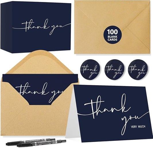 NESCCI 100 PCS Thank You Cards With Envelopes and Stickers，Classy 4x6 Blank Thank You Cards,Thank YouNotes for Wedding, Small Business, Baby & Bridal Shower (Navy Blue)